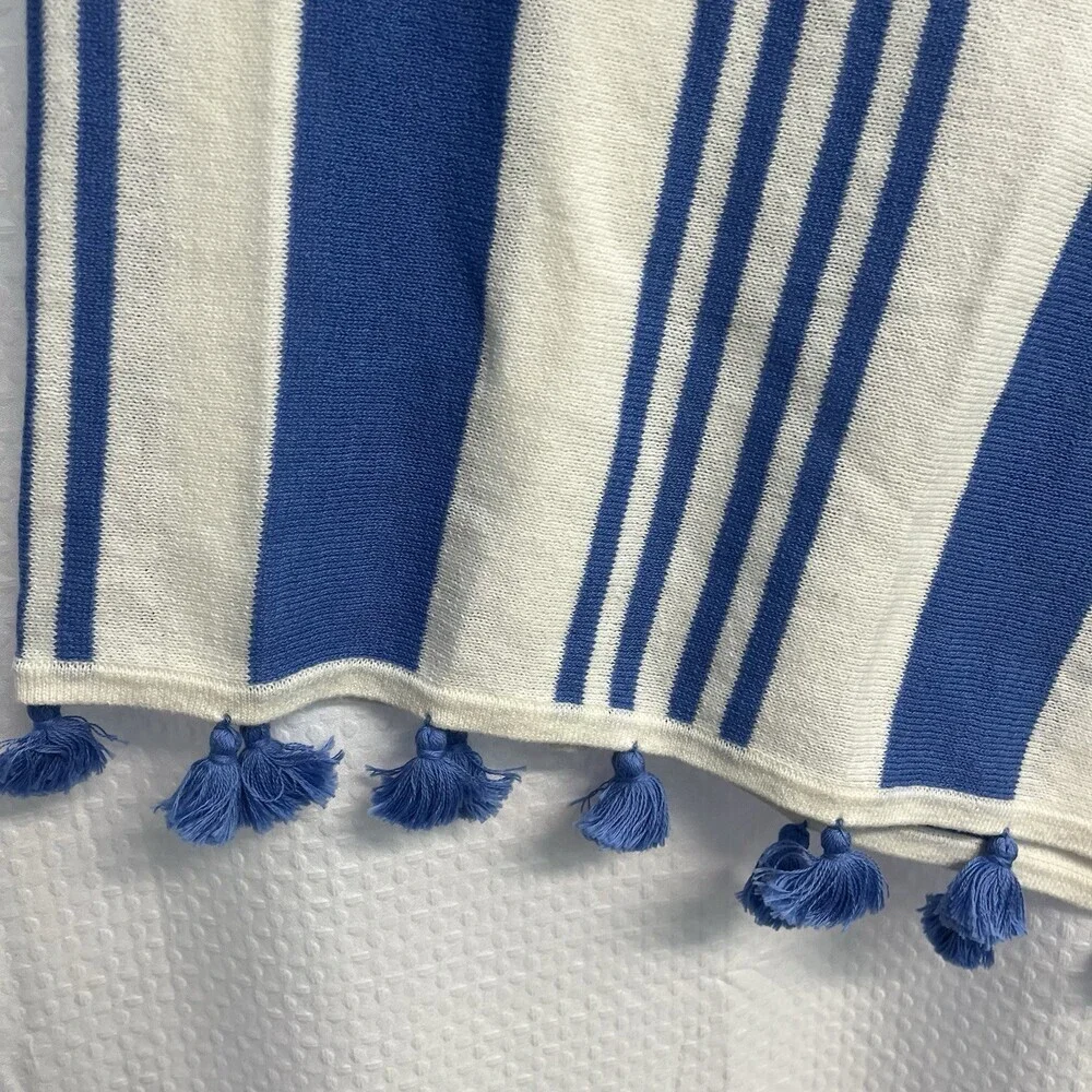 Caroline Grace Women’s‎ Blue & White Stripe Tasseled Cashmere Blend Poncho